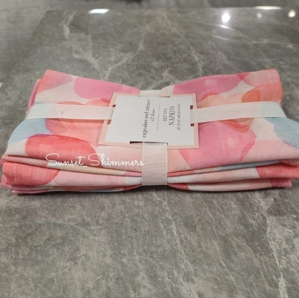 6pc Set Cupcakes & Cashmere Watercolor Valentine Hearts Cloth Dinner Napkins New